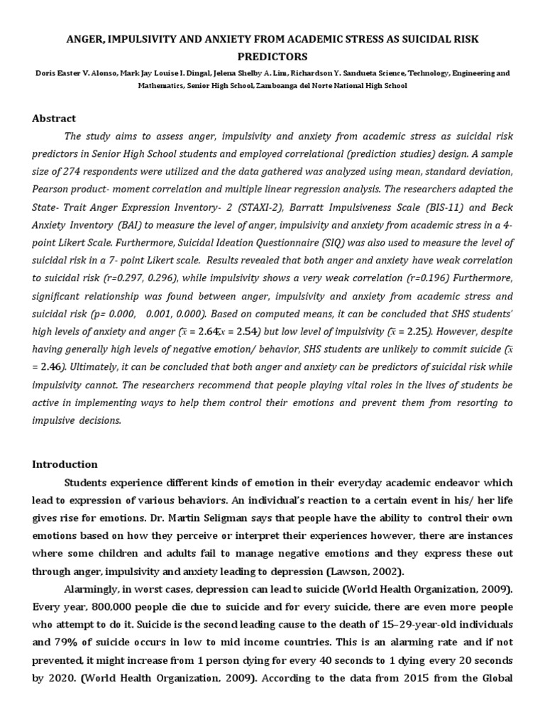 Academic Stress and Suicidal Risk Factors | PDF | Suicide | Risk