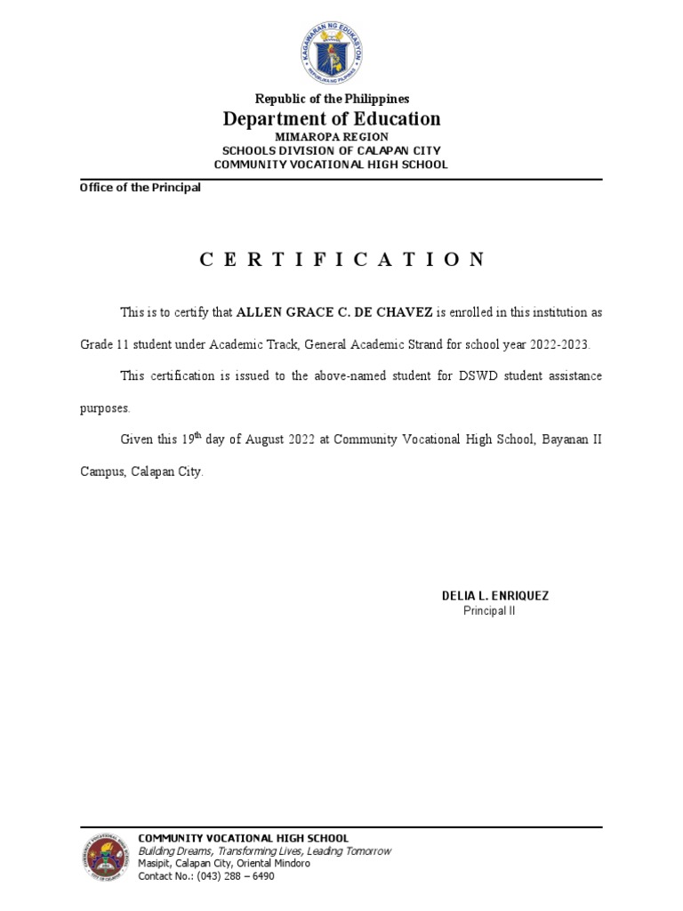 Certificate Of Enrolment Pdf Educational Stages Secondary Education