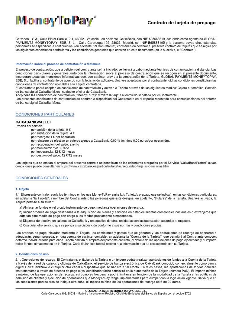 Contrato Tarjeta Prepago MoneyToPay | PDF | Bancos | España