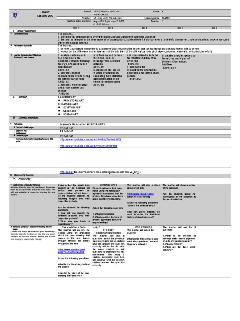 Grade 9 MAPEH Lesson Plan: Art History | PDF | Learning | Teachers