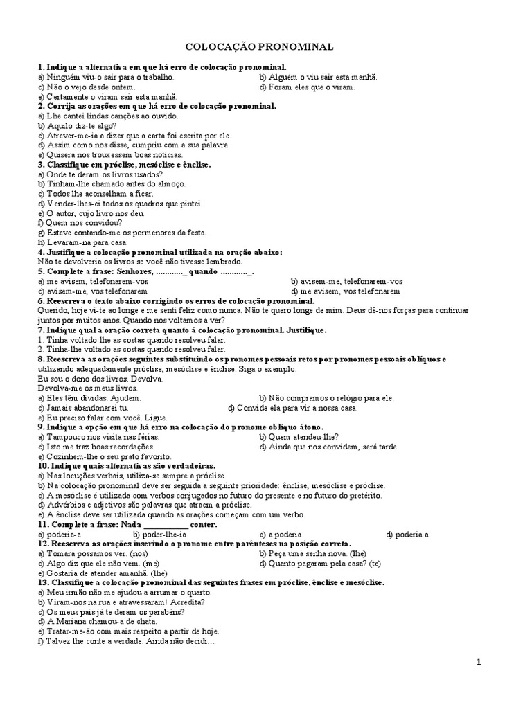 Exercícios de Colocação Pronominal 9º Ano | PDF | Pronome | Oração