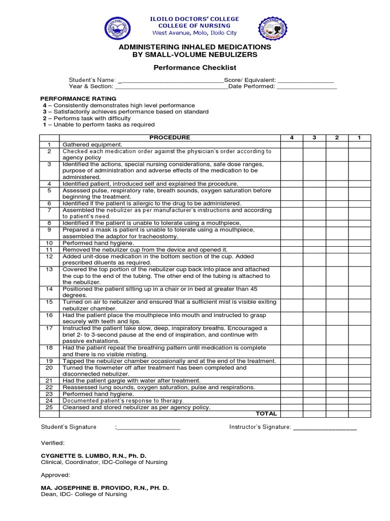 Nebulization Procedure Checklist | PDF | Clinical Medicine | Medical ...