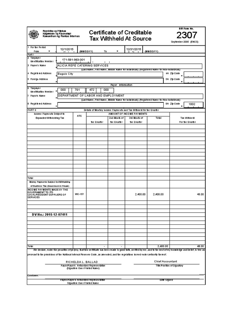 Certificate of Tax Withheld 2015 | PDF | Payments | Services (Economics)