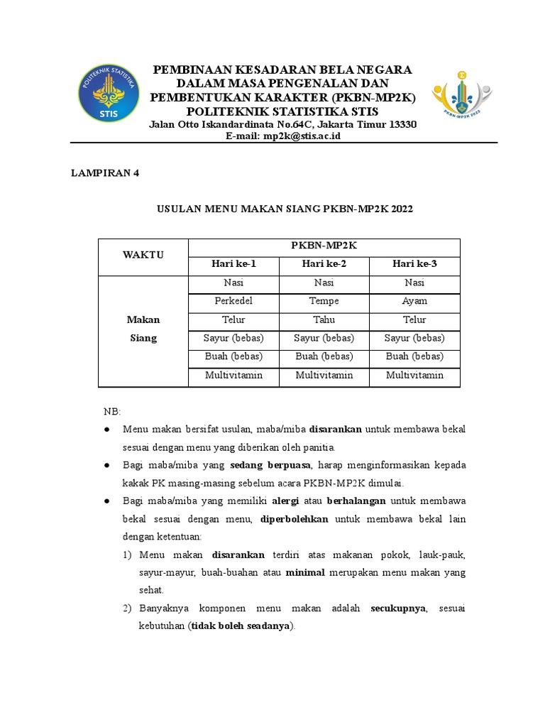 Lampiran 4 - Menu Makanan MP2K 2022 | PDF