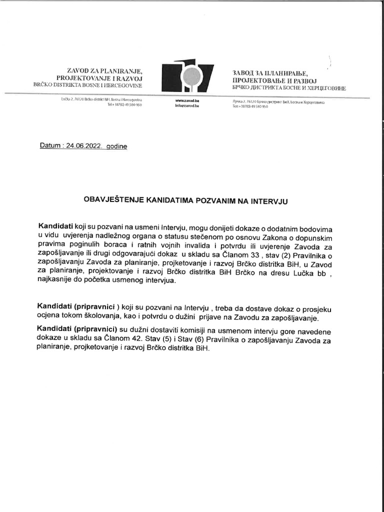 Obavještenje Kandidatima Pozvanim Na Intervju | PDF