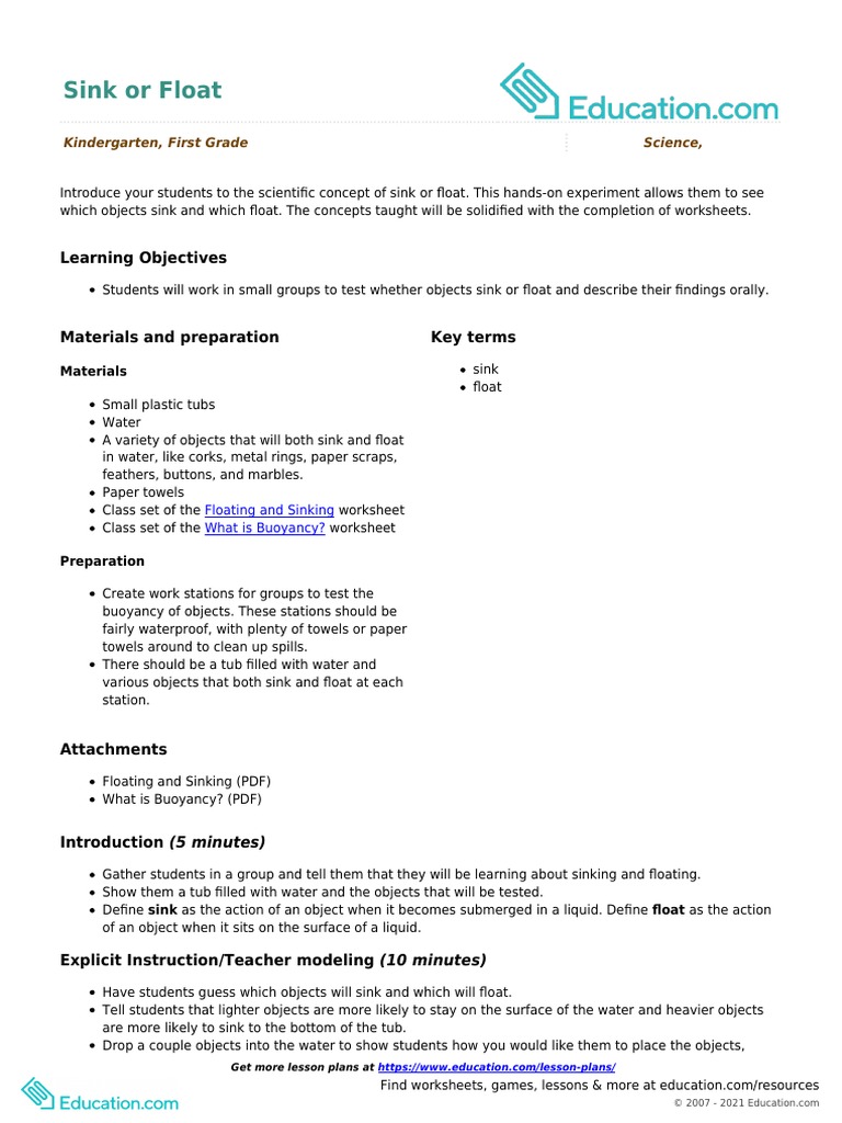 Sink and Float PDF Buoyancy Lesson Plan