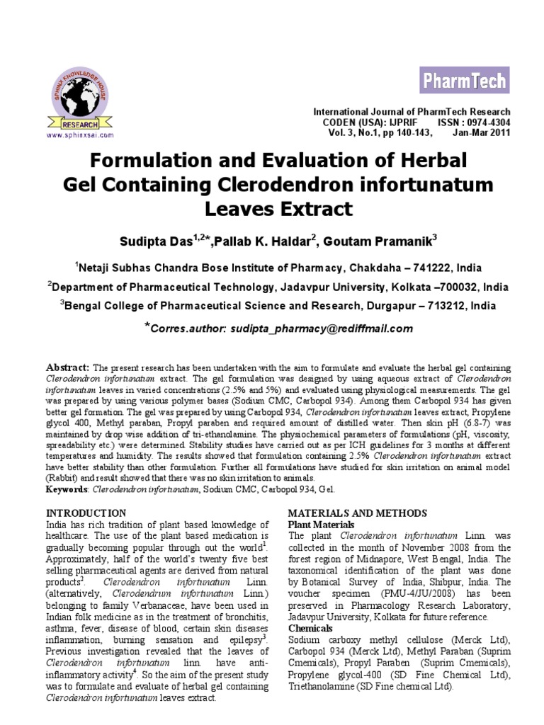 Formulation & Evaluation of Gel Pharmaceutical Formulation Herbalism