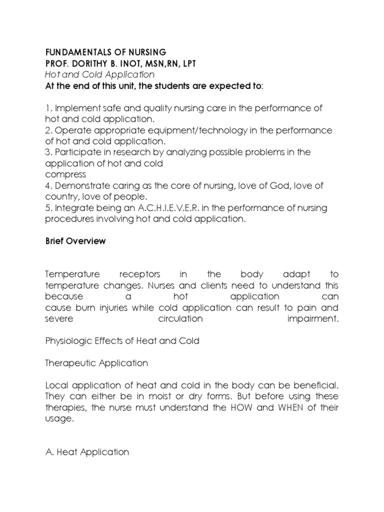 Week 2 Hot and Cold Application Outlined PDF Vasodilation Wound