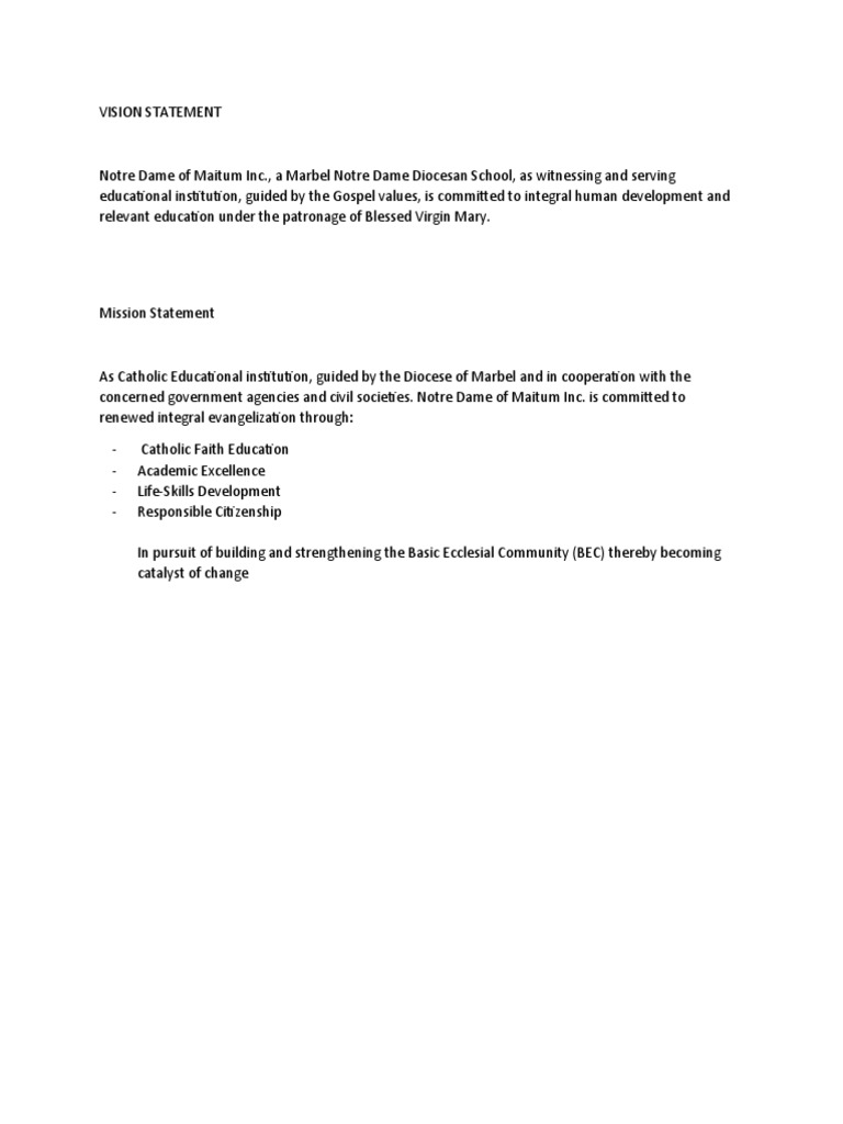 Notre Dame Vision Mission | PDF