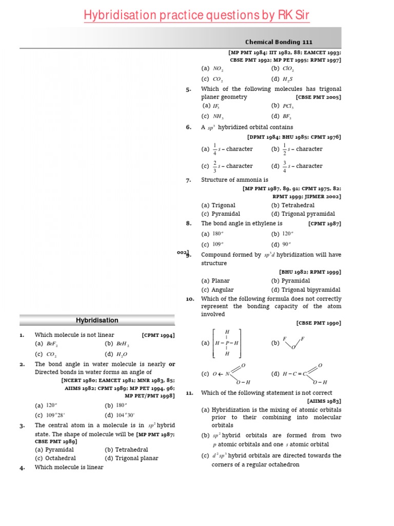 Hybridization Practice Questions by RK Sir PDF Chemical Bond