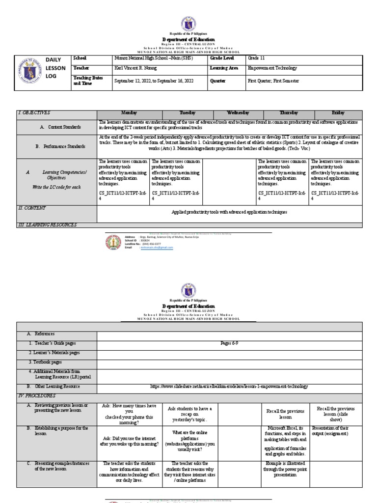 Grade 11 Empowerment Technology Lesson Plan | PDF | Educational ...