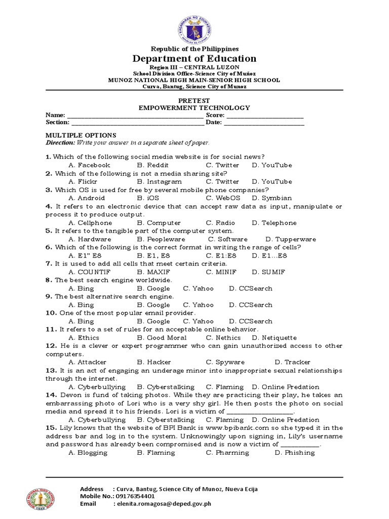Pre Test Empowerment Technology Pdf Computing Information Technology