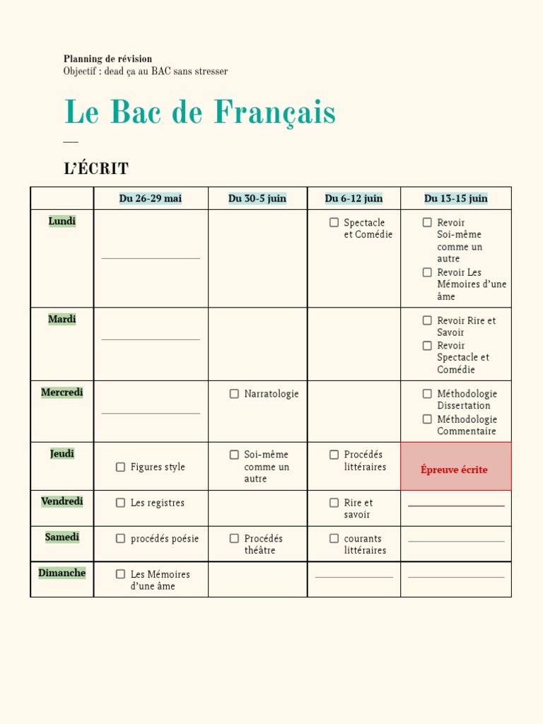 Révision BAC Français : Planning Écrit et Oral | PDF | Linguistique ...