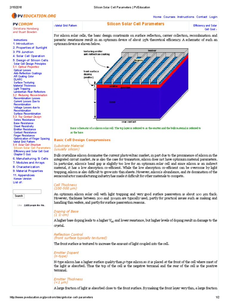 Silicon Solar Cell Parameters - PVEducation | PDF | Solar Cell | Doping ...