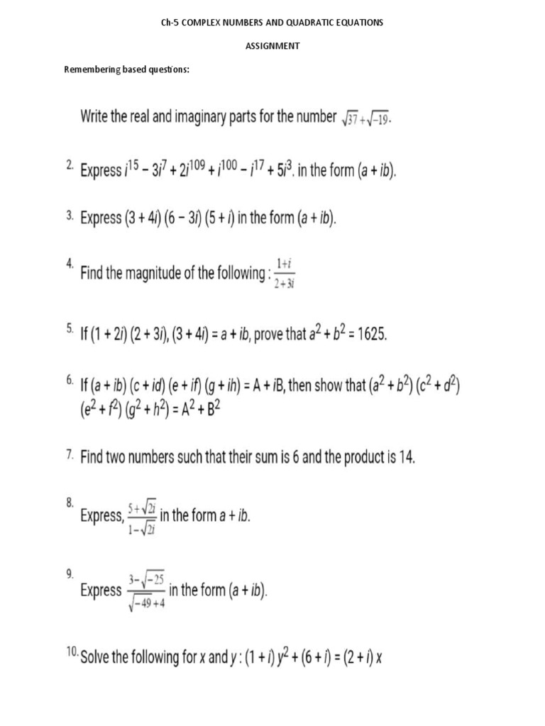 CH-5 Complex Numbers and Quadratic Equations | PDF