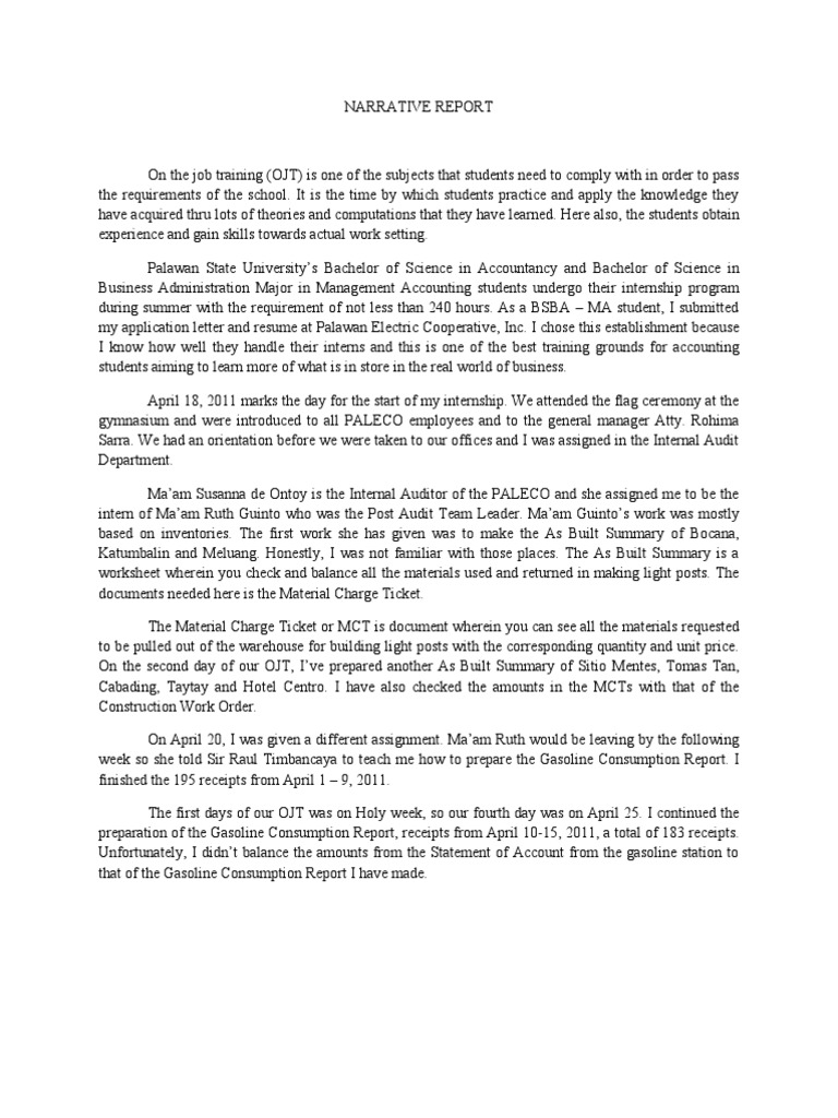 Narrative Report Pdf Internship Job Hunting