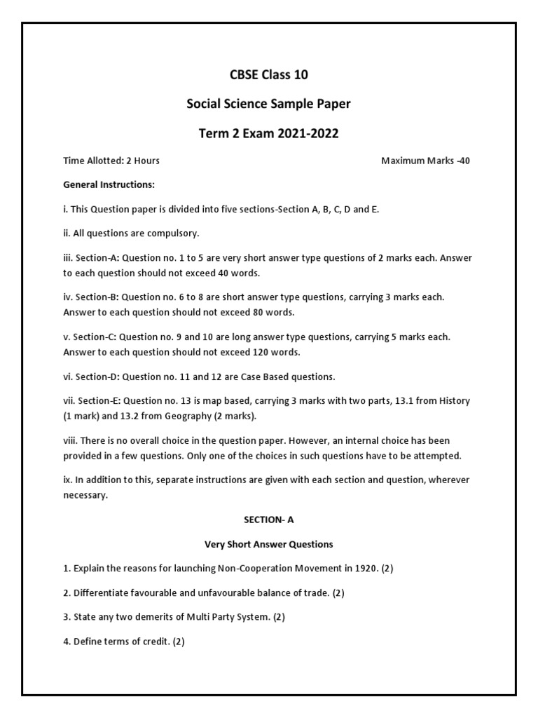Cbse Class 10 Social Science Term 2 Sample Paper by Experts PDF