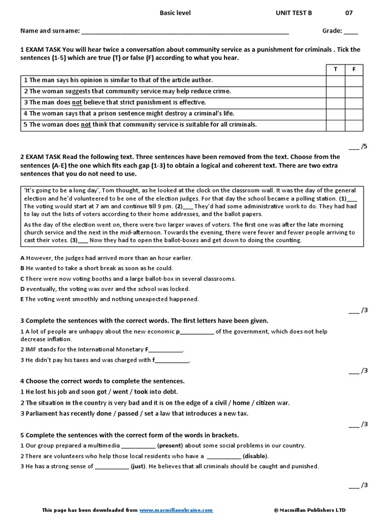 Unit Test 7B Basic Level | PDF | Polling Place | Government