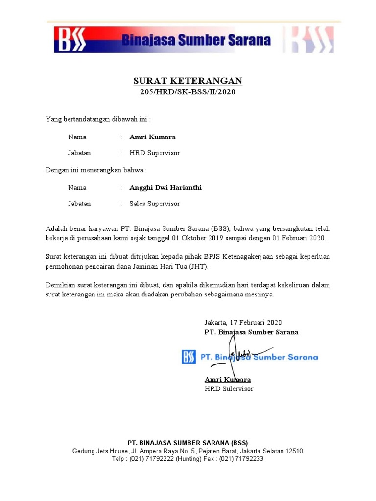 Surat Keterangan Karyawan BSS | PDF
