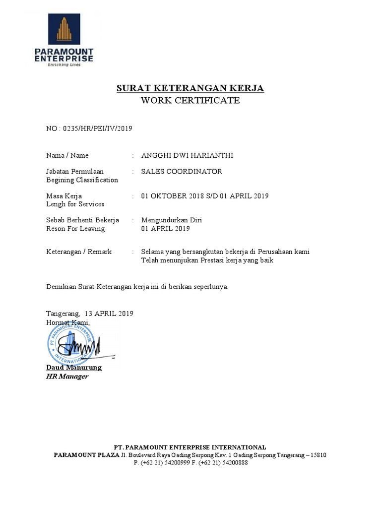 Masa Kerja dan Prestasi Angghi di PT. Paramount Enterprise ...
