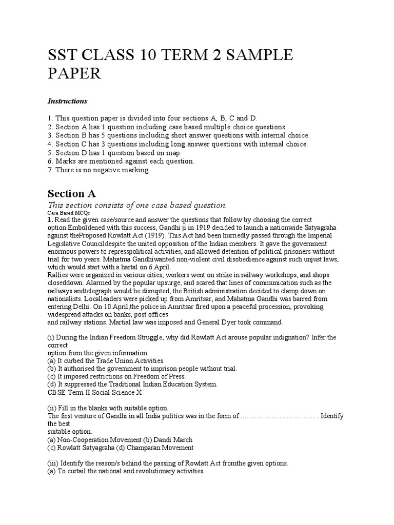 SST Class 10 Term 2 Sample Paper PDF Mahatma Gandhi Economies
