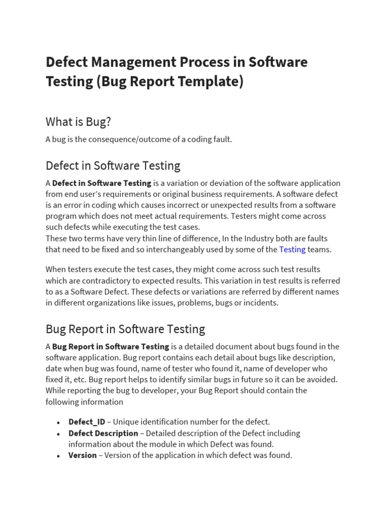 Defect Management Process in Software Testing | PDF | Software Bug ...