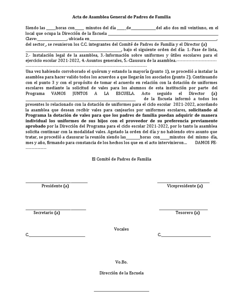 Acta de Acuerdos de Padres de Familia 2021 | PDF