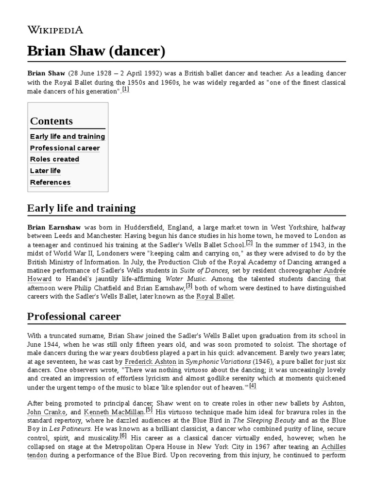 Brian Shaw (Dancer) PDF Ballet Performing Arts