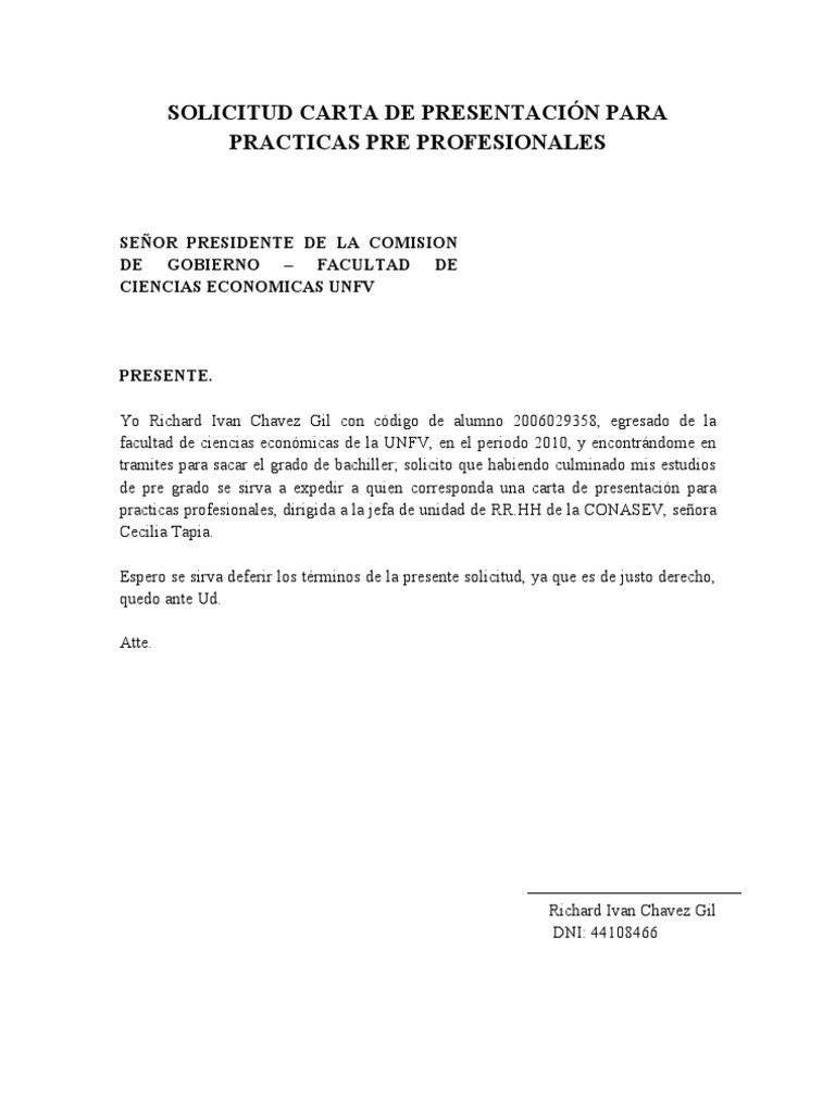 Solicitud Carta De Presentacion Para Practicas Pre Profesionales Pdf