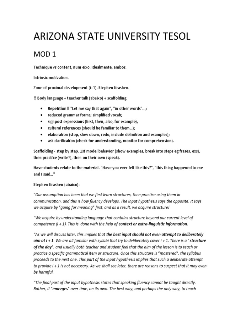 ASU TESOL Certificate Overview | PDF | Second Language Acquisition ...