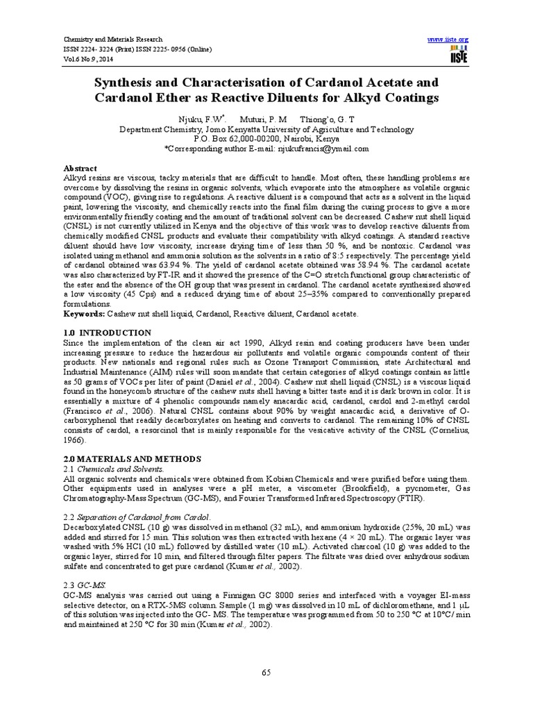 Synthesis of Cardanol Acetate | PDF | Chemistry | Organic Chemistry