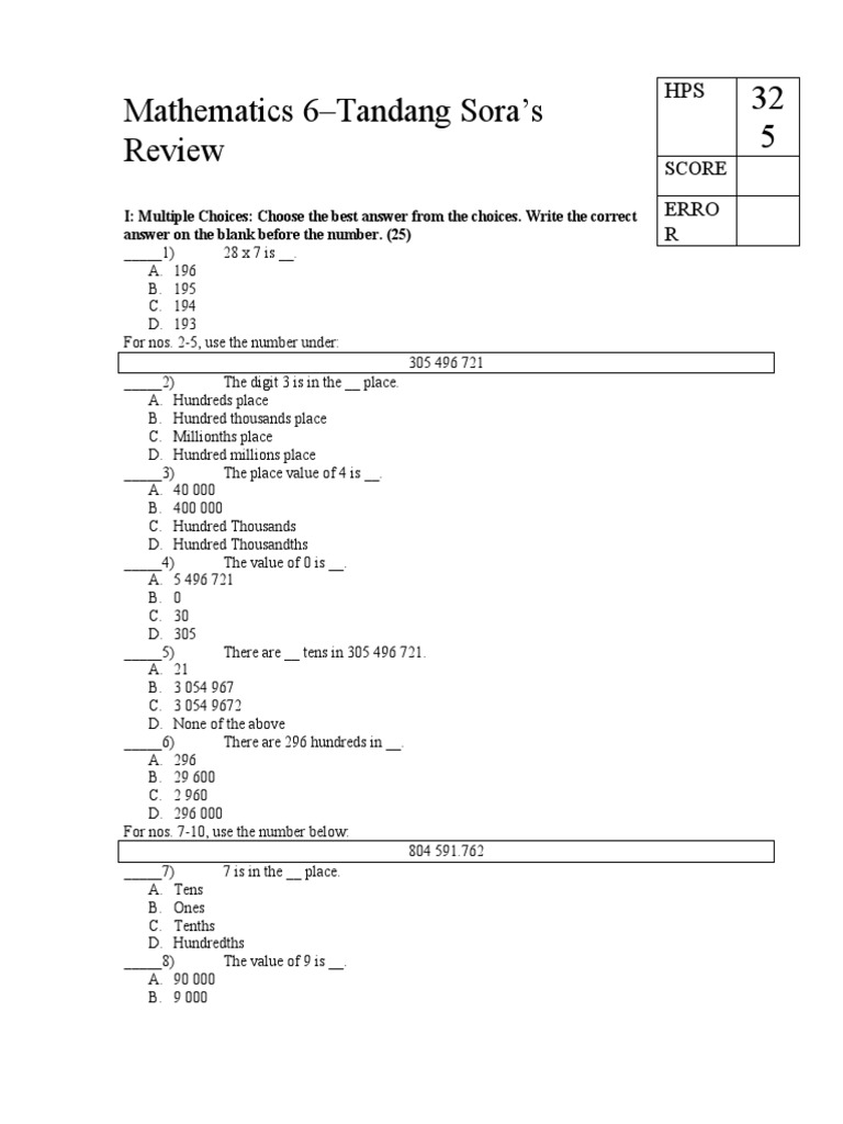 Grade 6 Math Review: Multiple Choice & Exercises | PDF | Numbers | Notation