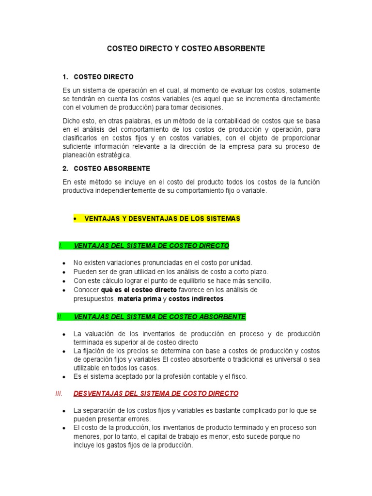 Ventajas y desventajas del costeo directo y absorbente | PDF | Costo ...