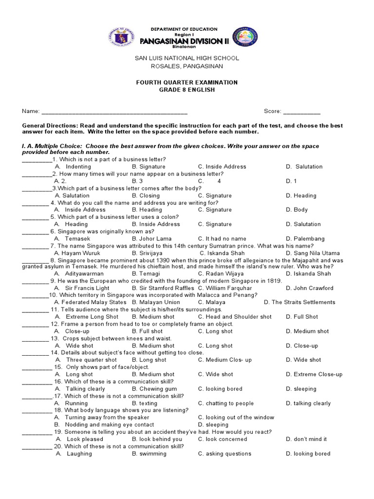4th Quarter Exam English 8 PDF