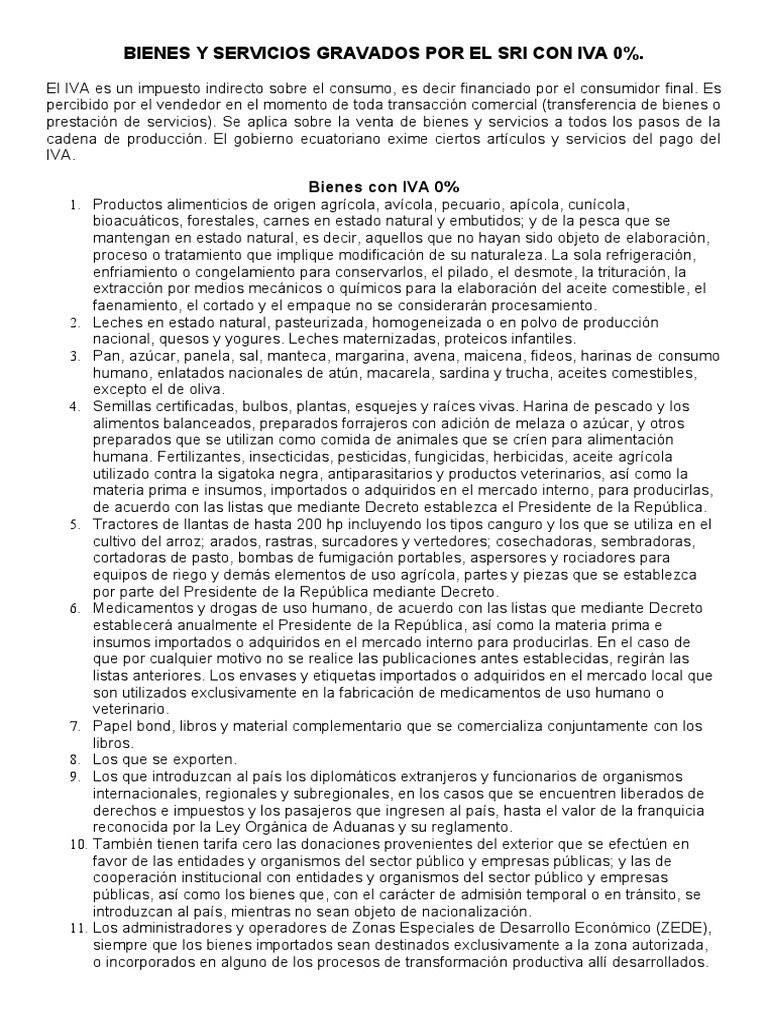 Bienes y Servicios Gravados Por El Sri Con Iva 0 | PDF | Alimentos ...