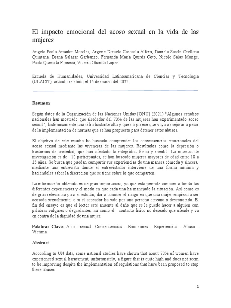 El Impacto Emocional Del Acoso Sexual en La Vida de Las Mujeres | PDF ...