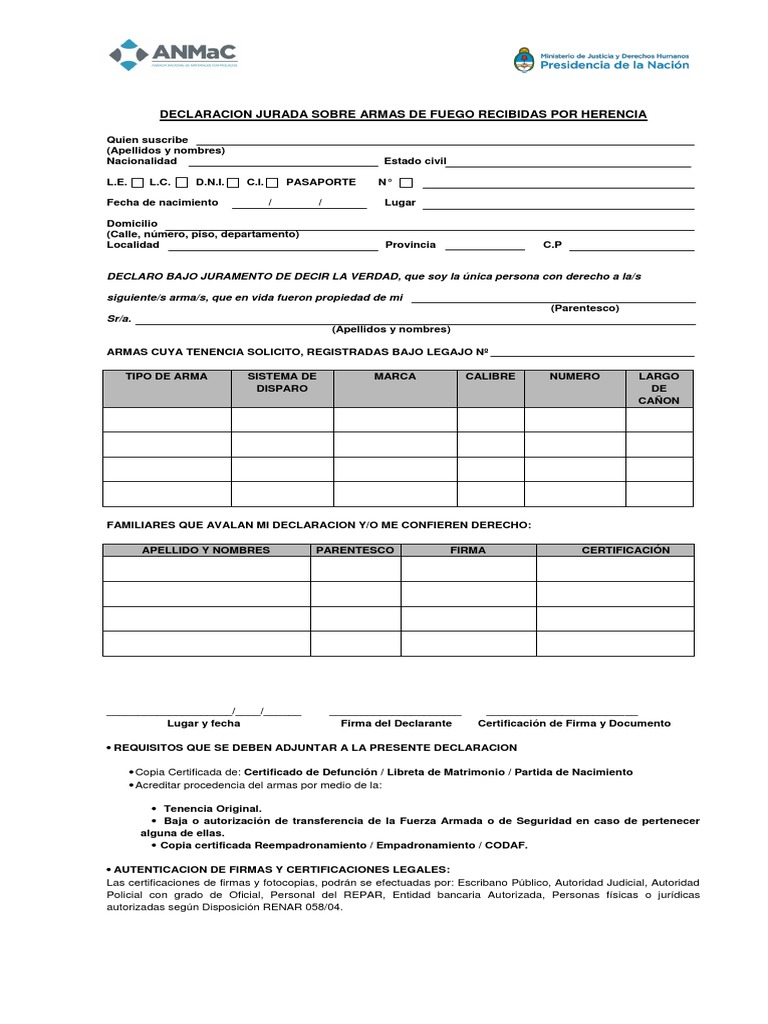 Declaración Jurada de Armas por Herencia | PDF