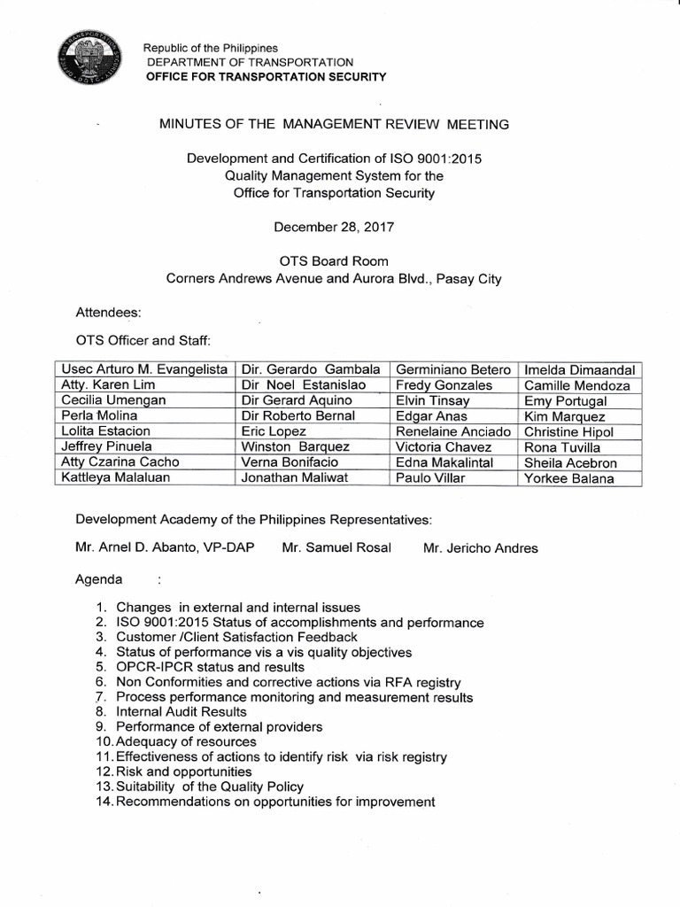 Minutes of Meeting ISO2017 | PDF | Audit | Iso 9000