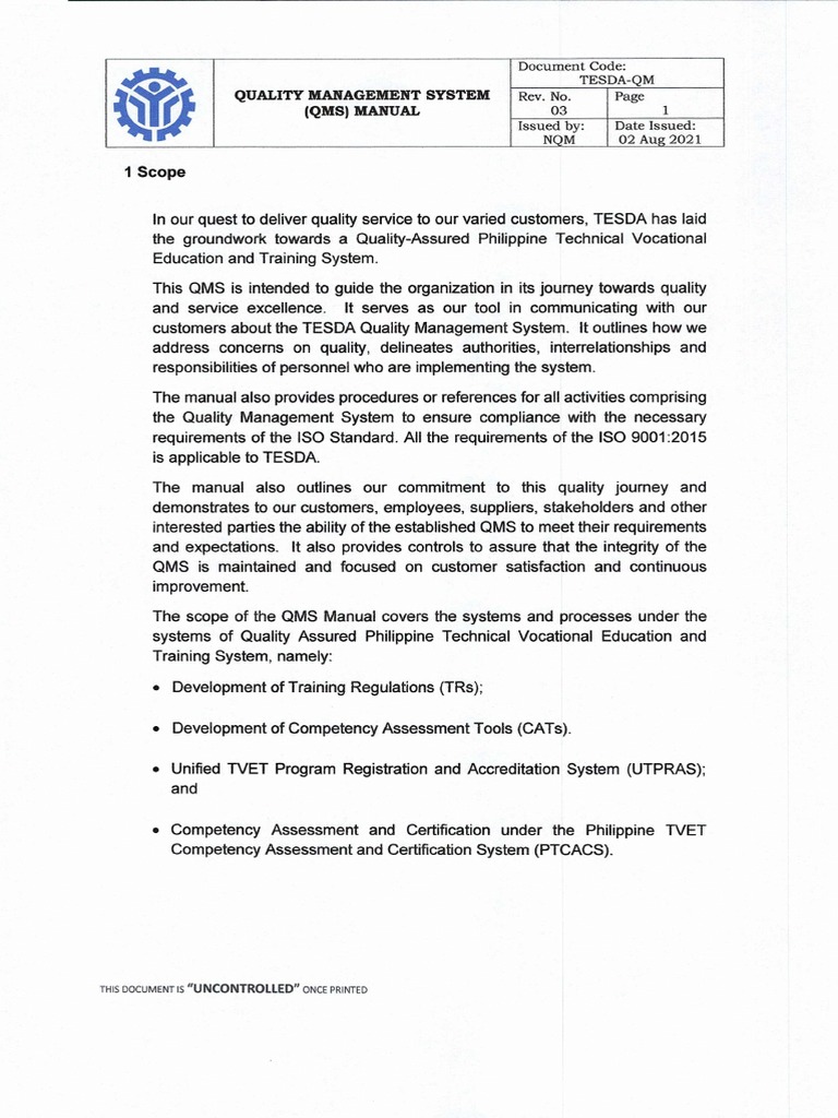 TESDA Quality Management System Manual | PDF | Risk | Quality ...