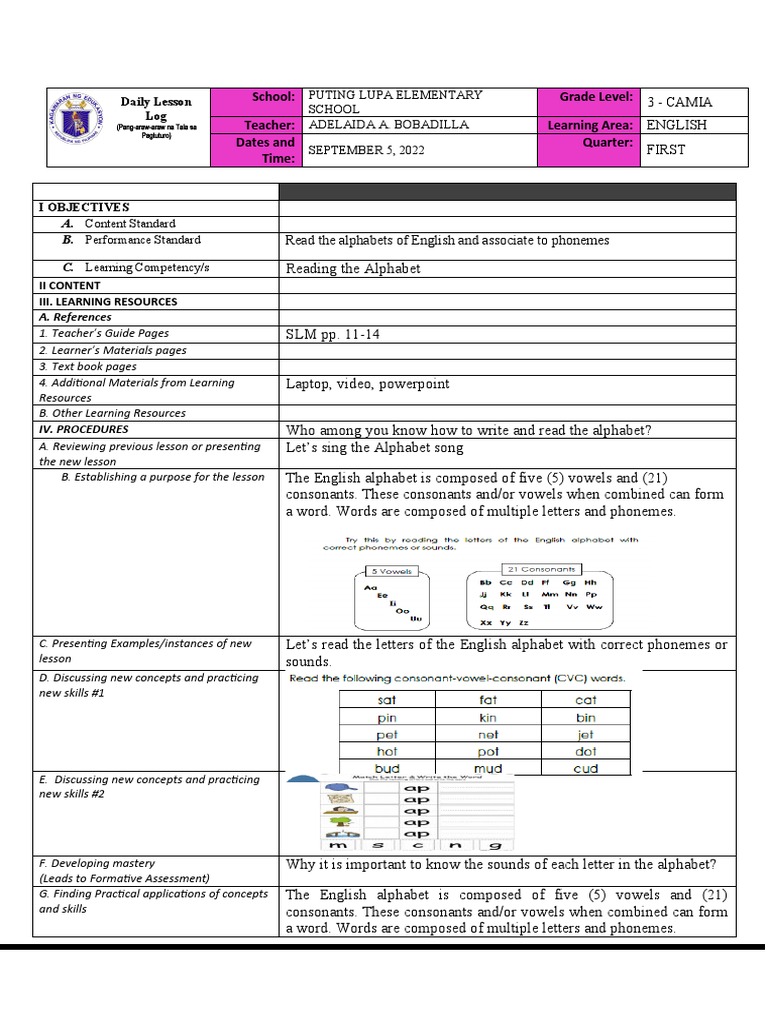 Grade 3 English Lesson Plans | PDF | Alphabet | English Language