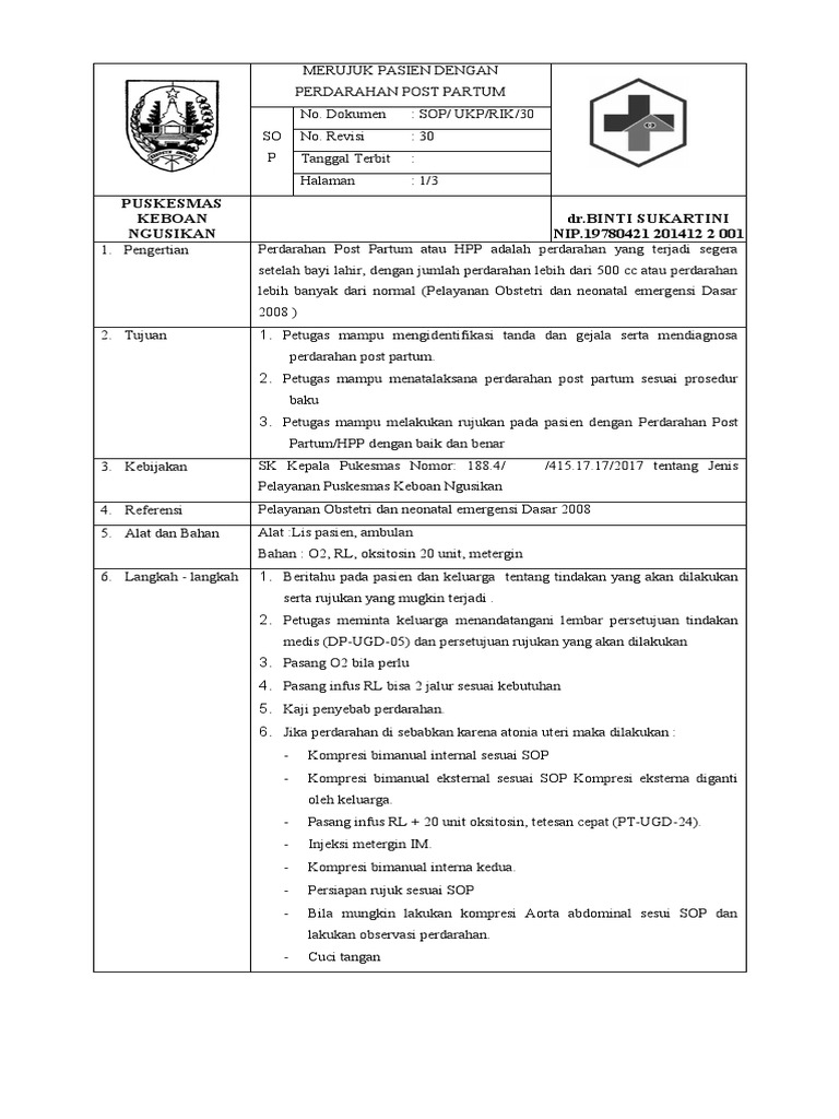 Sop Merujuk Pasien Dengan Perdarahan Post Partum Primer | PDF | Sains ...