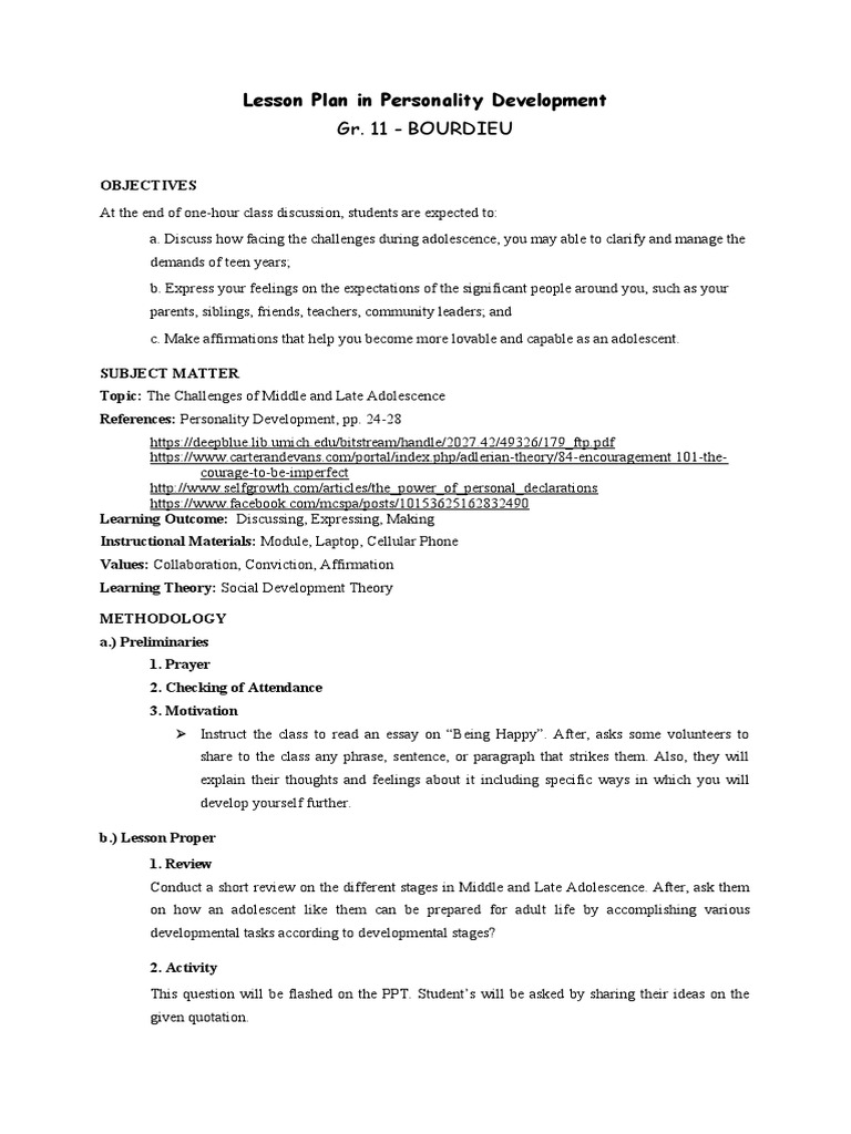 Lesson Plan in Personality Development | PDF | Adolescence | Motivational
