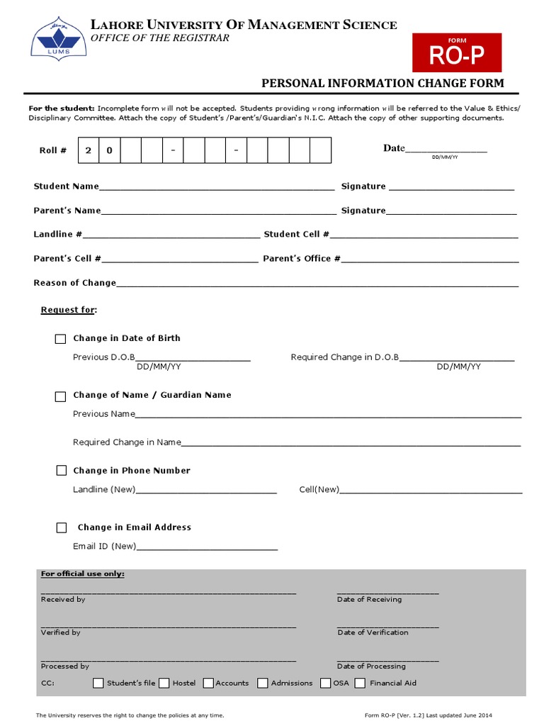 ROP Personal Information Change Form PDF Computing