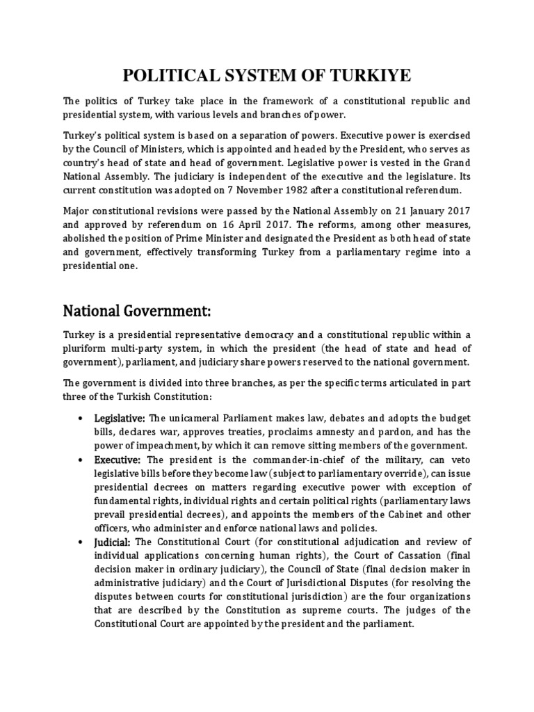 Political System of Turkiye PDF Politics Of Turkey Government