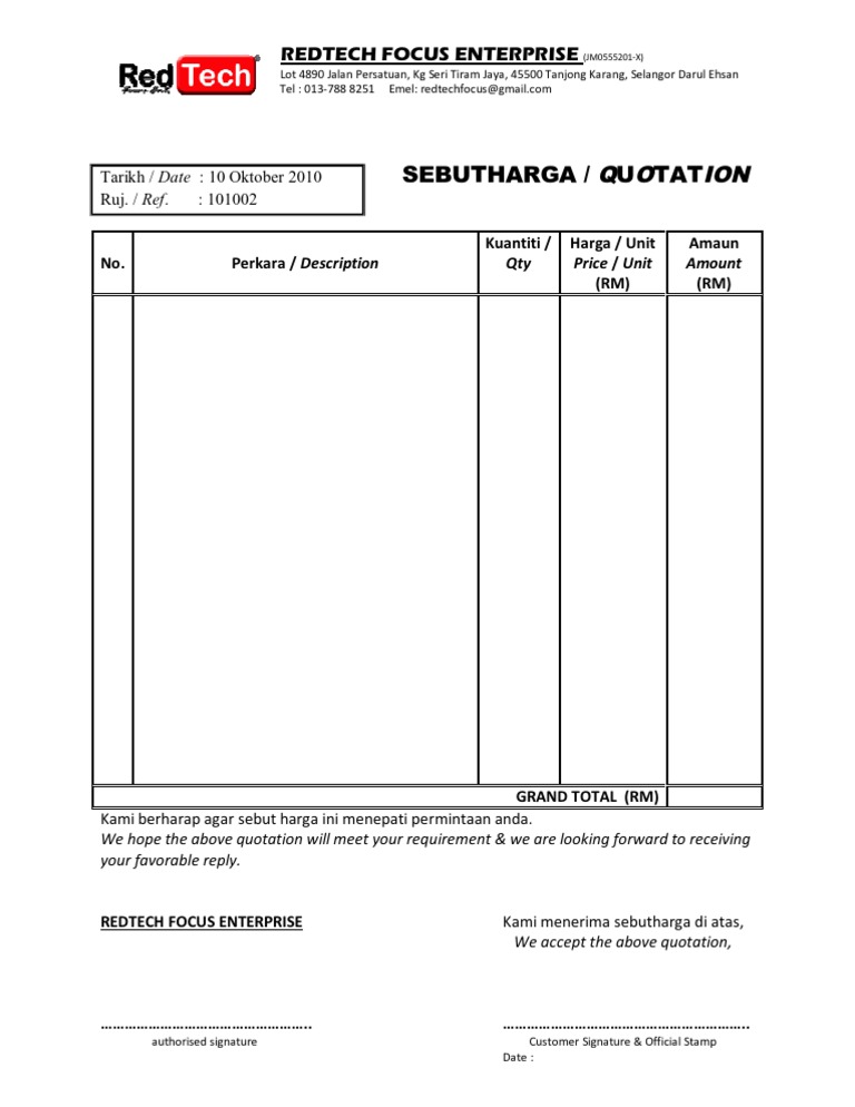 Format Quotation Contoh Sebut Harga