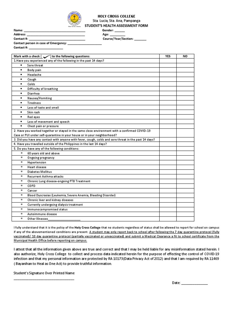 Student Health Assessment Form | PDF | Chronic Condition | Cough