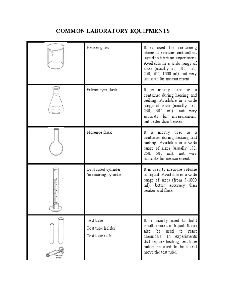 Common Laboratory Equipments PDF Physical Sciences Chemistry
