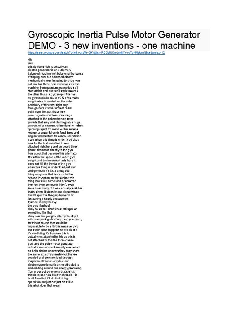 Gyroscopic Inertia Pulse Motor Generator DEMO PDF Electric Motor