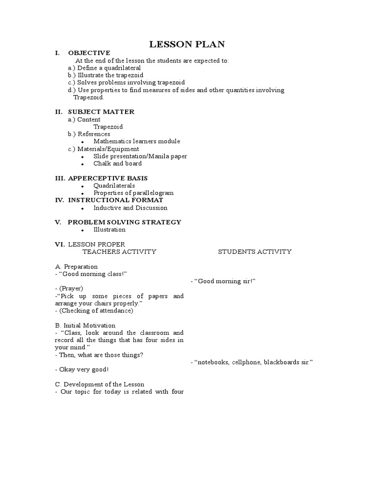 Trapezoid Lesson Plan for Students | PDF | Lesson Plan | Mathematics