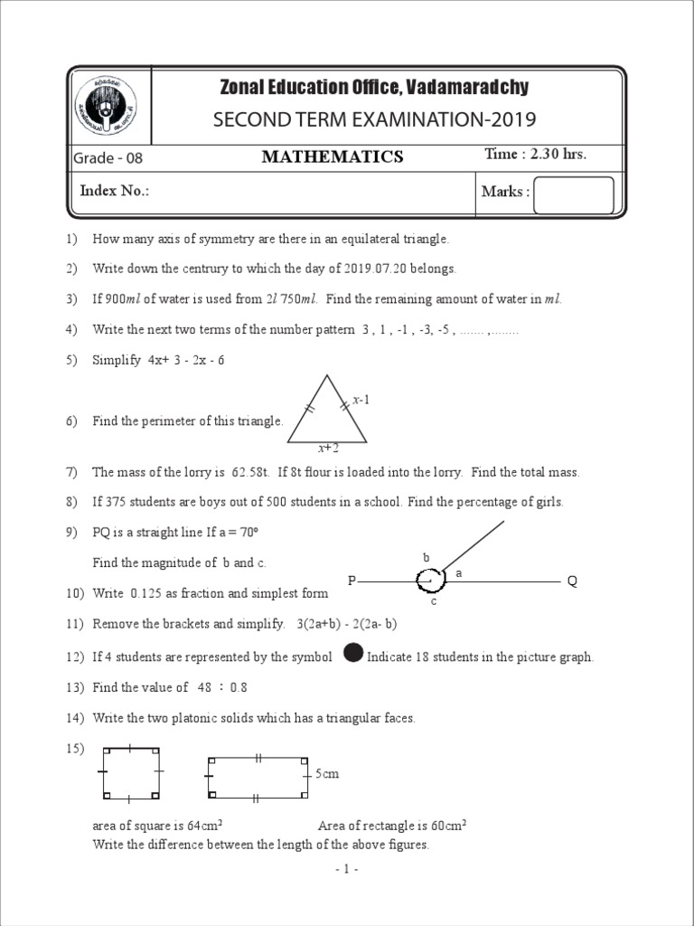 2019 Grade 08 Maths Second Term Paper English Medium Vadamaradchy Zone ...